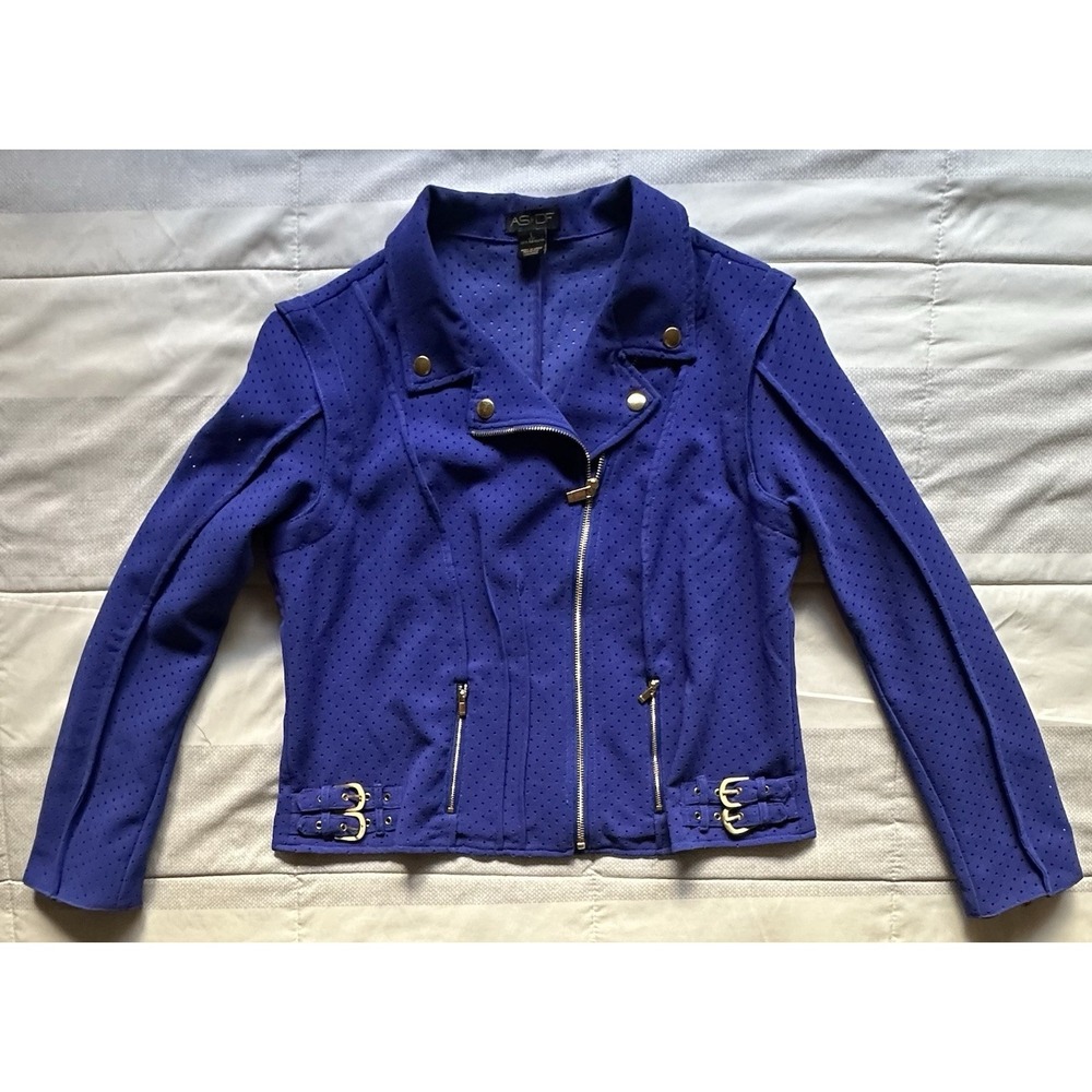 AS by DF‎ Fabiana Moto Jacket Bright Blue Size Large Gold Buckles Pattern